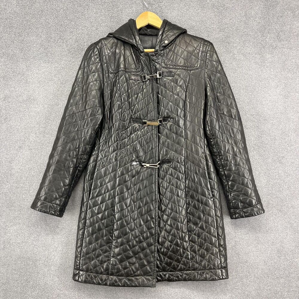 Gallotti Quilted Leather Coat Womens 46 Hooded Finn Raccoon Fur Italy‎ Jacket